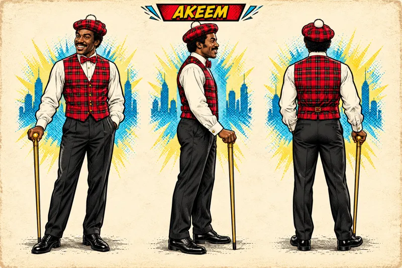 Akeem front, side and back character sheet