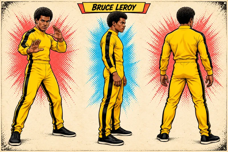 Bruce Leroy front, side and back character sheet