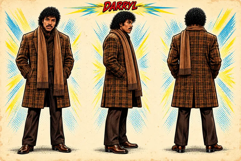 Darryl Jenks front, side and back character sheet
