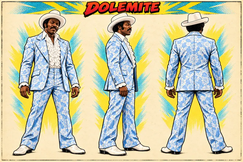 Dolemite front, side and back character sheet
