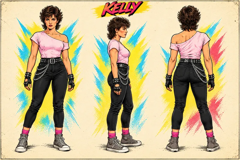 Kelly front, side and back character sheet