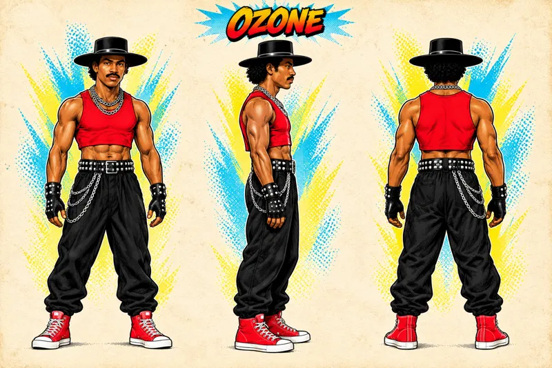 Ozone front, side and back character sheet