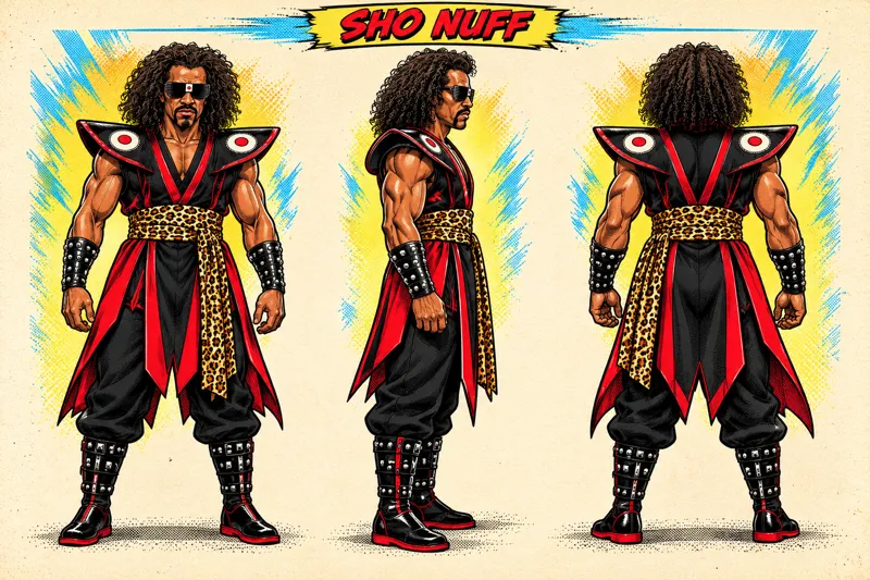 SHO NUFF X front, side and back character sheet