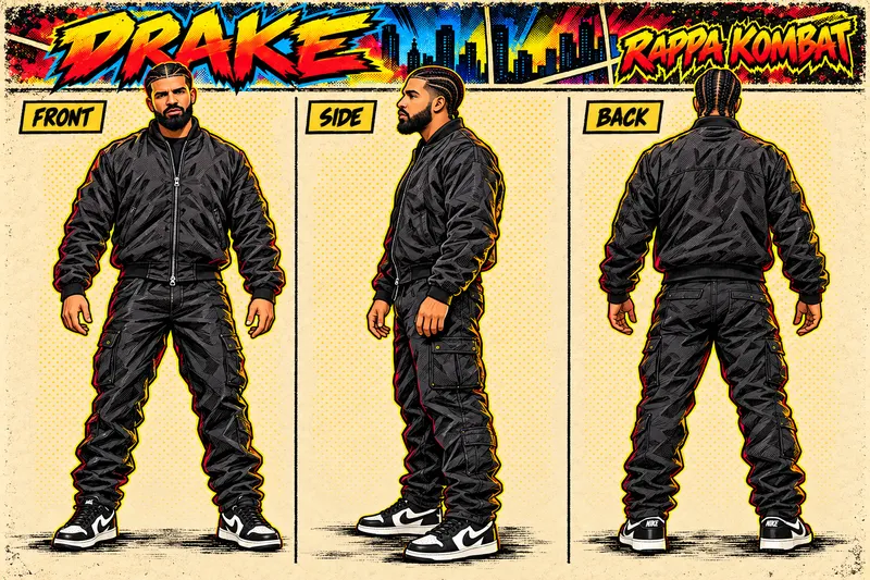 Drake front, side and back character sheet