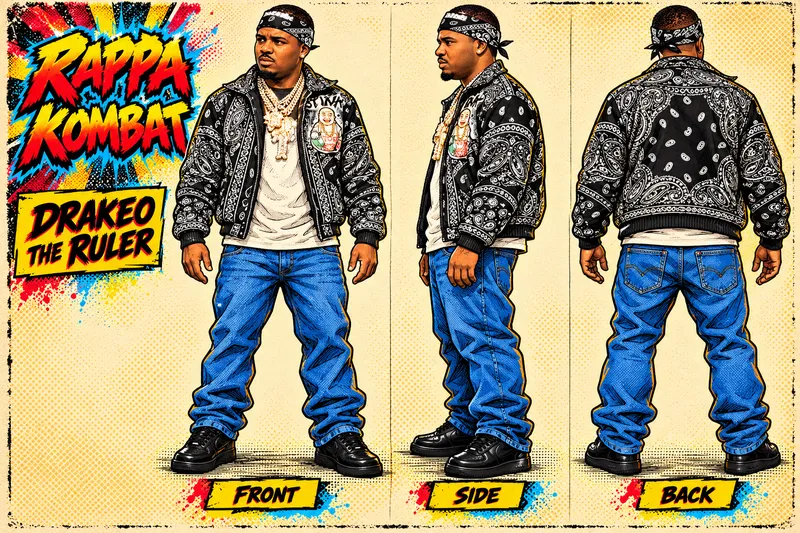 Drakeo the Ruler front, side and back character sheet