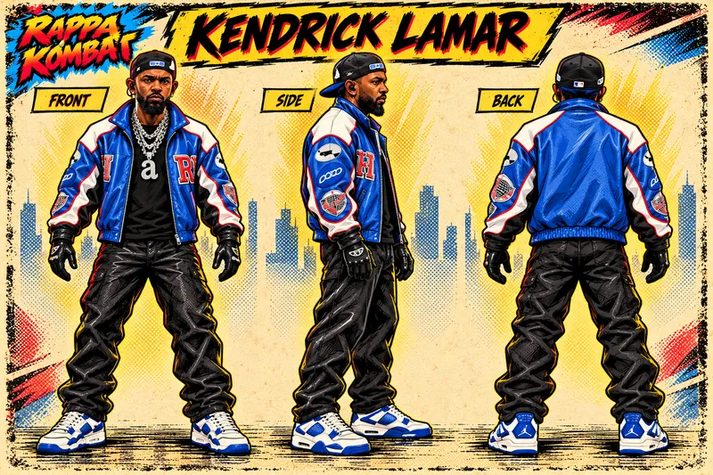 Kendrick Lamar front, side and back character sheet