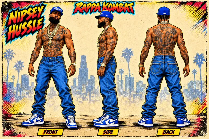 Nipsey Hussle front, side and back character sheet