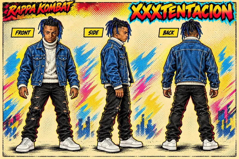 XXXTentacion front, side and back character sheet